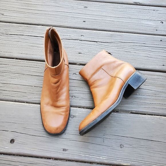 Vintage 90s y2k Bratz Camel Tan Leather Chunky Heel Ankle Boots Booties 7.5 - Picture 1 of 9